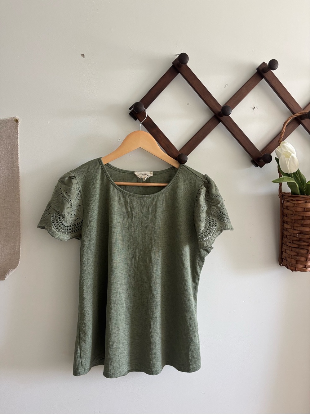 Olive Eyelet Sleeve Women's Top